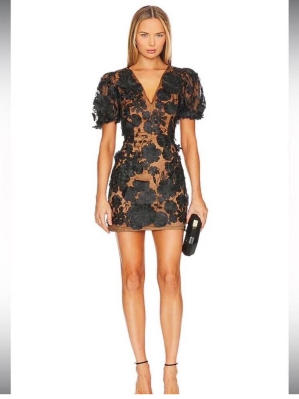 elliatt rosalind black floral applique 3d puff sleeve mini dress size small NEW